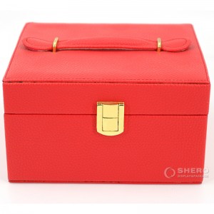Caixa de joias feminina vermelha, caixa de armazenamento de joias de couro pu portátil de tamanho médio de 3 camadas com trava