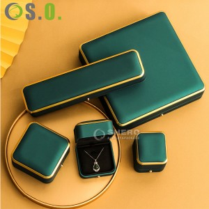 Luxury green PU Leather Jewelry Box With gold Stamping Customized Logo For Jewellery