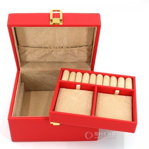 صندوق مجوهرات نسائي أحمر، 3 طبقات متوسطة الحجم محمولة للسفر من جلد البولي يوريثان مع قفل