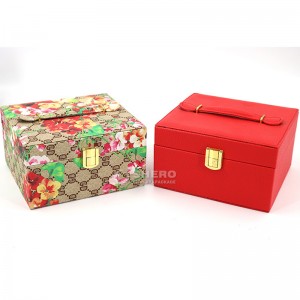 Joyero rojo para mujer, caja de almacenamiento de joyería de cuero PU de viaje portátil de tamaño mediano de 3 capas con cerradura