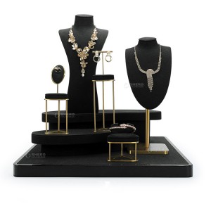 Luxury Window Ring Pedant Chain Set Display Jewelry Stand Black Microfiber