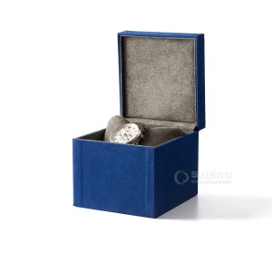 Logotipo personalizado luxo elegante azul armazenamento camurça microfibra caixa de relógio de marca única embalagem com travesseiro de camurça