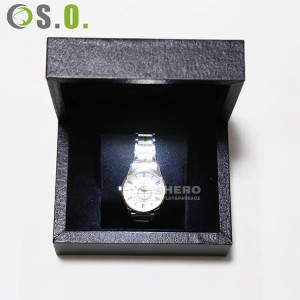 Custom brand bracelet watch packaging box luxury watch boxes cases with gold foil logo LED light black plush velvet pillow