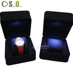 Boîte d'emballage de montre à lumière LED, boîte de montre en velours en Micro tissu noir, boîte à bijoux ronde Unique