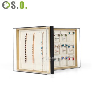 Baki Perhiasan Kulit Hitam Mewah Kustom 35 Cm Baki Pajangan Cincin Kalung Gelang Dapat Ditumpuk Untuk Etalase Perhiasan
