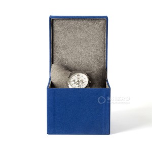 Aangepaste logo luxe elegante blauwe opslag suède microvezel horlogedoos met enkel merk en suède kussen