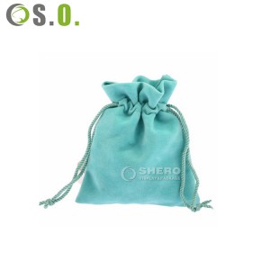 Venta al por mayor de bolsas de joyería de terciopelo de gamuza verde menta de color y tamaño personalizado, bolsas de tela con cordón para joyería con logotipo de marca impreso