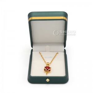 Caja de joyería de perlas con anillo de cuero PU de alta calidad, conjunto con botón de decoración, caja de embalaje de joyería con adorno dorado de diseño personalizado de lujo