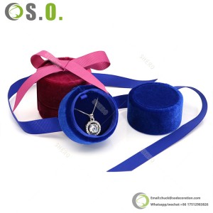 Kundenspezifische Schmuckschatulle-Verpackung Samt-Ehering-Ohrring-Anhänger-Schmuck-Verpackungsbox Runde rosa Ringbox mit Band