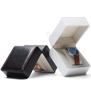 Kundenspezifisches Drucklogo aus weißem und schwarzem Pu-Leder, individuelle Uhrenbox aus Leder für die Uhr