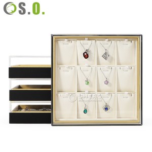 Maßgeschneidertes Luxus-Schmucktablett aus schwarzem Leder, 35 cm, stapelbares Armband-Halsketten-Ring-Ausstellungstablett für Schmuckvitrine