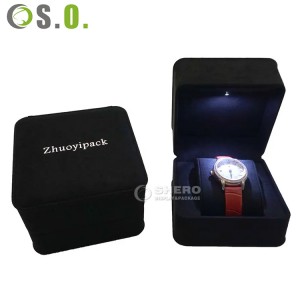 Caja de embalaje para reloj con luz LED, caja de reloj de terciopelo de tela micro negra, joyero redondo único