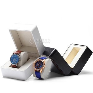 Caja de reloj individual con inserto de almohada, embalaje de regalo de cuero Pu blanco y negro de lujo para el Día de San Valentín con diseño de logotipo personalizado
