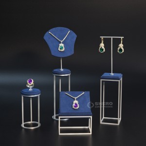 Suporte de anel quadrado de microfibra azul de luxo personalizado para janela, conjunto completo de adereços de exibição de joias