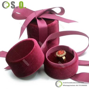 Boîte à bijoux personnalisée, emballage en velours pour bague de mariage, boucles d'oreilles, pendentif, boîte d'emballage de bijoux ronde rose avec ruban