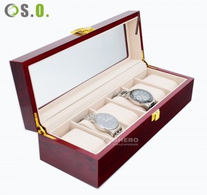 Boîte de rangement de montre transparente de haute qualité à 6 fentes, boîtier de montre en bois personnalisé avec serrure en métal