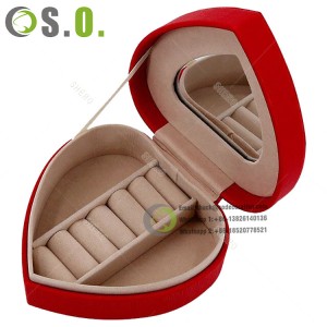 Caja de joyería de cuero PU con forma de corazón para pendientes, anillos, caja de almacenamiento de joyería portátil con espejo para mujer