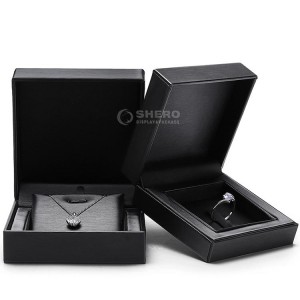 Logotipo personalizado de alta qualidade couro pu preto, papel camurça, caixas de inserção, anel, colar, pulseira, embalagem de presente, caixa de joias de plástico
