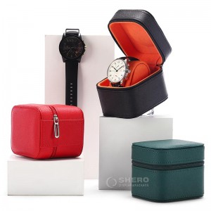 Caja de relojes de almacenamiento de embalaje de regalo individual personalizada para hombres, caja de reloj de cuero de pu de lujo portátil de viaje