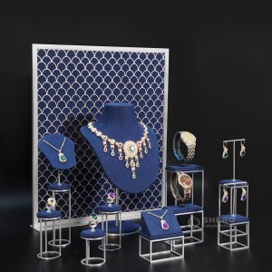 Jendela Khusus Disesuaikan Mewah Biru Microfiber Persegi Cincin Berdiri Pemegang Set Lengkap Tampilan Perhiasan Alat Peraga