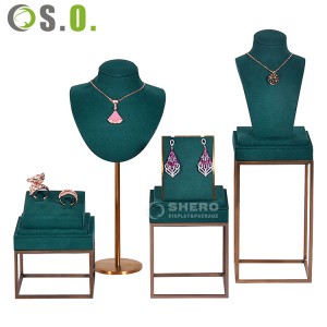 High Quality Jewelry Bust Green Microfiber Ring Pendant Display Stand Luxury Metal Holder Set