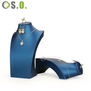 Kundenspezifische Schmuck-Halsketten-Ausstellungsstände Blaues PU-Leder-Schmuck-Ausstellungsstand-Reihe für Ohrring-Anhänger-Halsketten-Büste