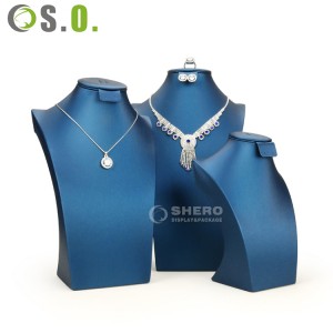 Aangepaste sieraden ketting display stands blauw PU lederen sieraden displays standaard serie voor oorbel hanger ketting buste