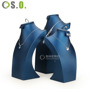 Kundenspezifische Schmuck-Halsketten-Ausstellungsstände Blaues PU-Leder-Schmuck-Ausstellungsstand-Reihe für Ohrring-Anhänger-Halsketten-Büste