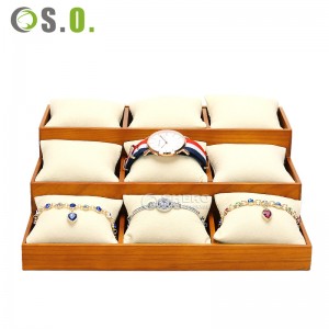 Présentoir de bracelets en tissu de lin et bois massif, plateaux à bijoux, plateau de montre avec insert d'oreiller