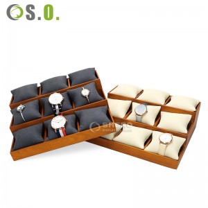 Fabricante de bandeja organizadora de joias, bandeja de exibição de veludo para pulseira, relógio com travesseiro, 9 peças de bandeja de madeira