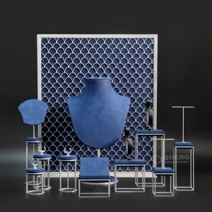 Suporte de anel quadrado de microfibra azul de luxo personalizado para janela, conjunto completo de adereços de exibição de joias