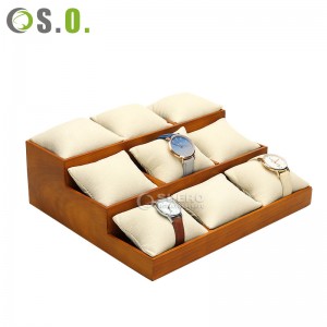 Pulseira de tecido de linho de madeira maciça, suporte de pulseira, bandeja de joias, bandeja de relógio com inserção de travesseiro